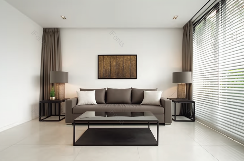 明亮的客厅灰色的沙发黑色的桌子和墙上的挂画室内家具图像摄影,高清,摄影图,摄影图片,图片大全,摄影图免费下载